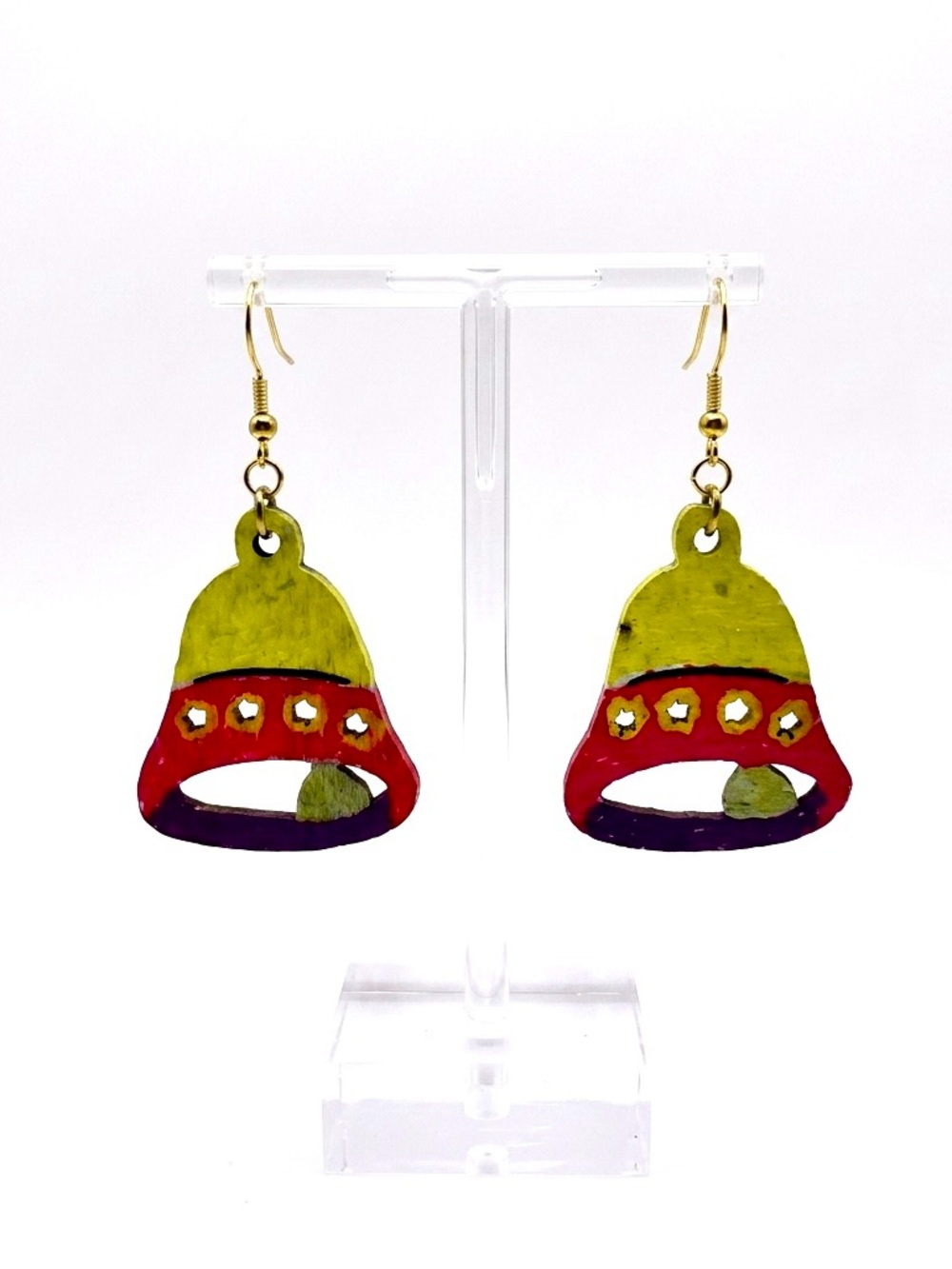 New Artisan OOAK Wooden Hand Painted Gold Christmas Bell Dangle Earrings